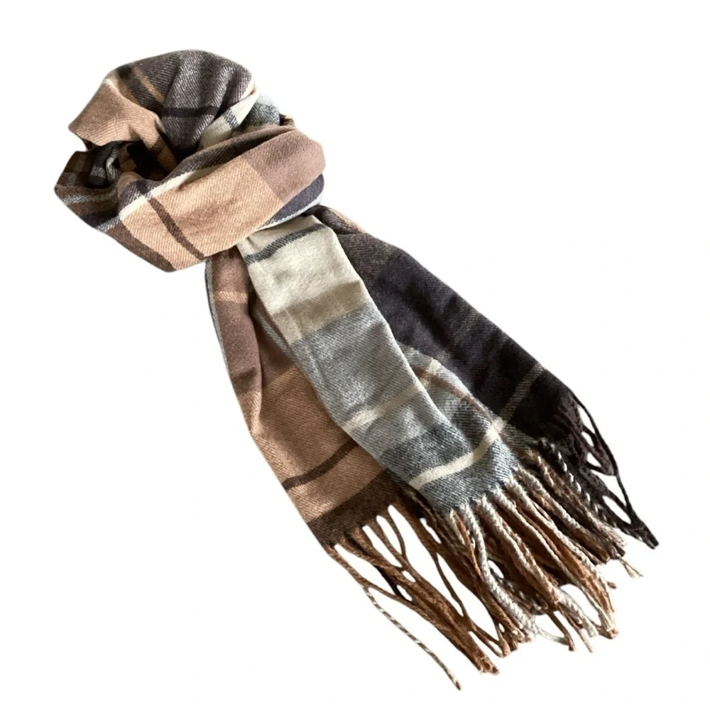 Self Service Plaid Woolen Scarf Shawl Wrap Brown Earth Tones New